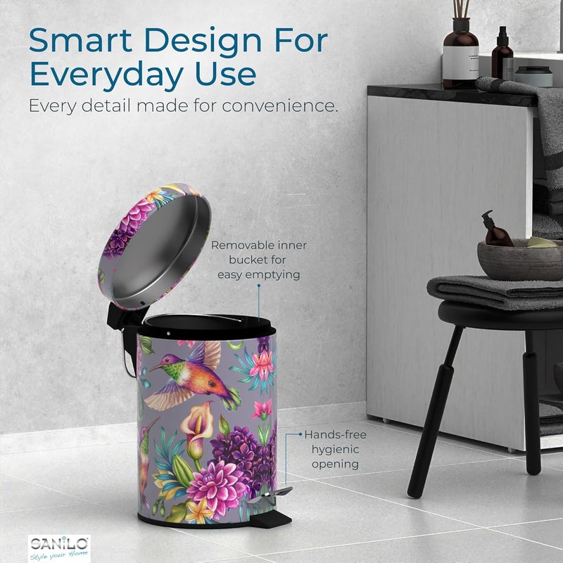 Sanilo Small Bathroom Trash Can with Lid [1.3 Gallon] - Lidded Tiny Trashcan for Garbage - Mini Metal Bin with Soft Closing Mechanism - Bath Room Accessoire Wastebin with Inner Bucket (Hummingbird) - Image 3